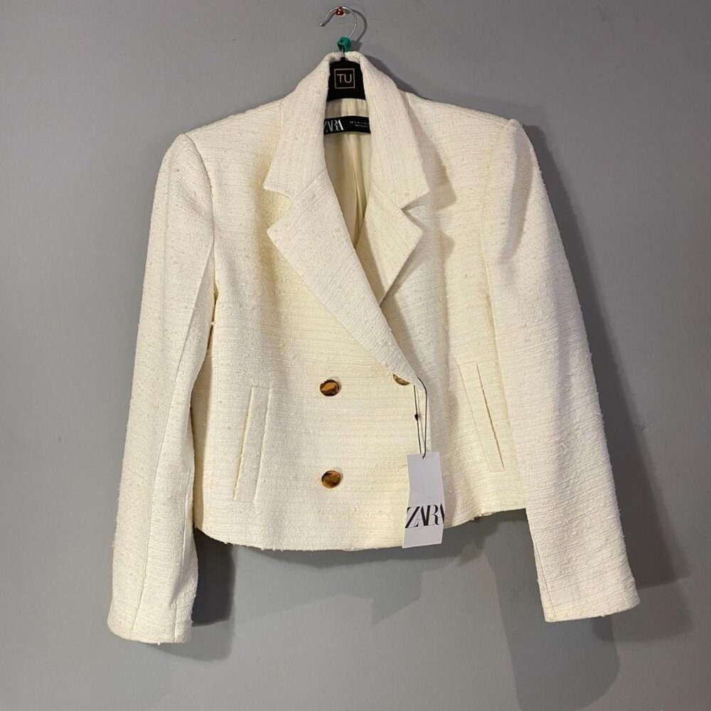 ZARA Textured Cropped Blazer Short Jacket Cream White Gold Buttons - SMALL